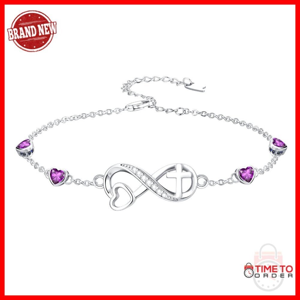 Sterling Silver Birthstone Bracelet with Infinity Cross Heart Charm Adjustable